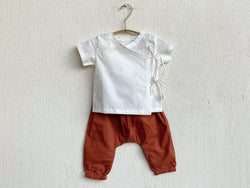 Organic White Angarakha top for Babies with zoo print red pant (Unisex) - 100% Cotton - Indie Project Store