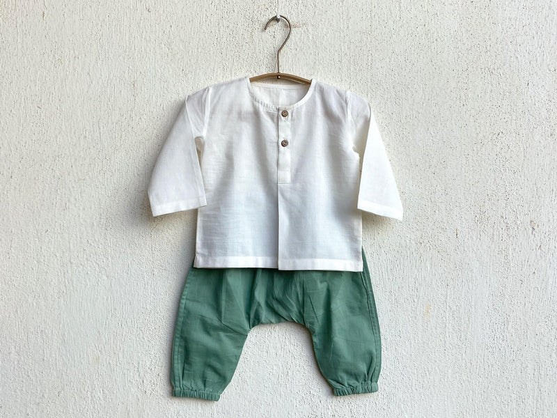Babies Organic White Kurta with Mint Pant (Unisex) - 100% Cotton - Indie Project Store