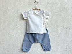 White Angarakha top for Babies with blue pant - Organic Cotton Clothing - Indie Project Store