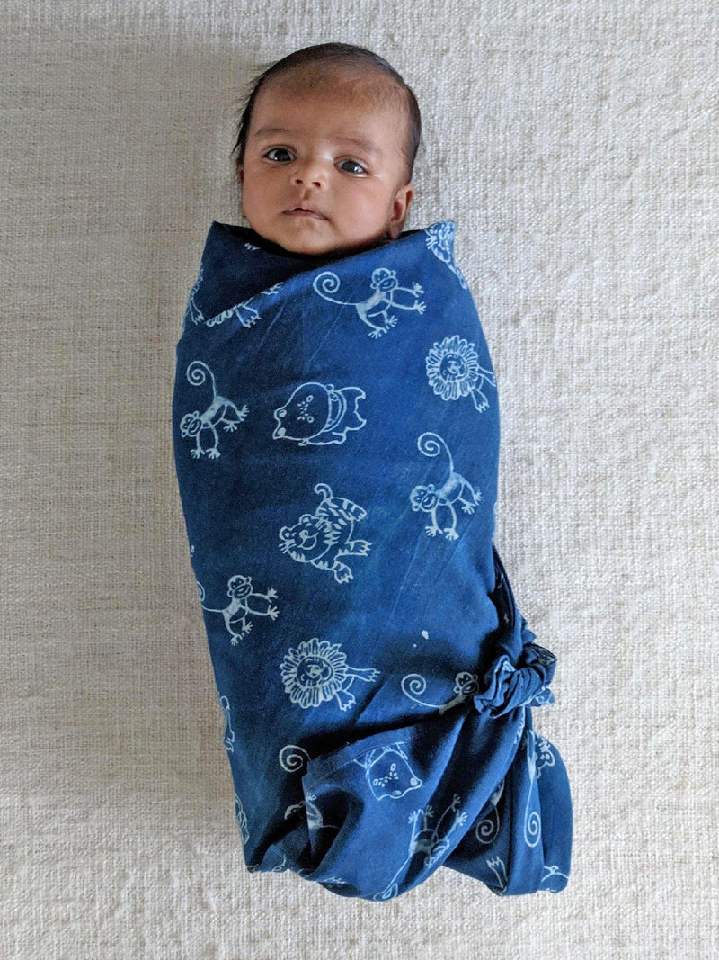 Cotton Swaddle for Babies - Organic Muslin Zoo Print Indigo Swaddle - Indie Project Store