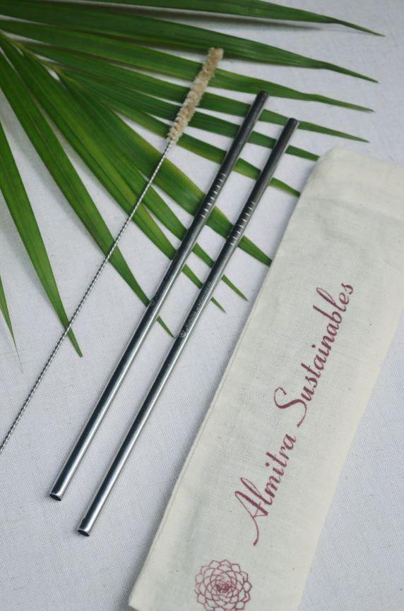 Reusable Stainless Straws ( Straight ) Pack of 2 with Cleaner - Indie Project Store