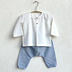 WHITEWATER KIDS UNISEX ORGANIC ESSENTIAL WHITE KURTA + BLUE CHAMBRAY PANTS - Indie Project Store
