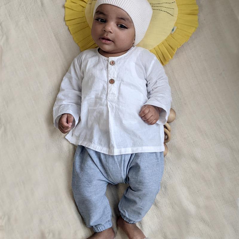 WHITEWATER KIDS UNISEX ORGANIC ESSENTIAL WHITE KURTA + BLUE CHAMBRAY PANTS - Indie Project Store