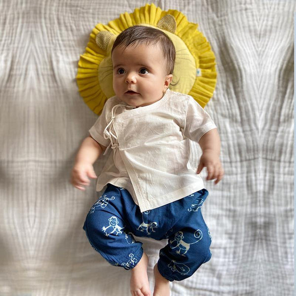 Babies Organic White Angarakha top with zoo print pant (Unisex) - 100% Cotton - Indie Project Store