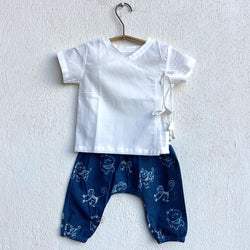 Babies Organic White Angarakha top with zoo print pant (Unisex) - 100% Cotton