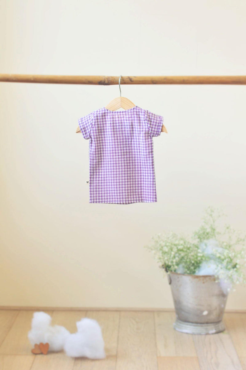 Happy as a Clam' Big button Tee in Lavender checks - indieprojectstore